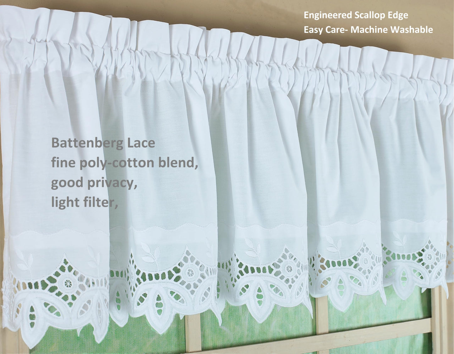 Today's Curtain, Heirloom Battenberg Eyelet Valance 14", White, 58" W x 14" L