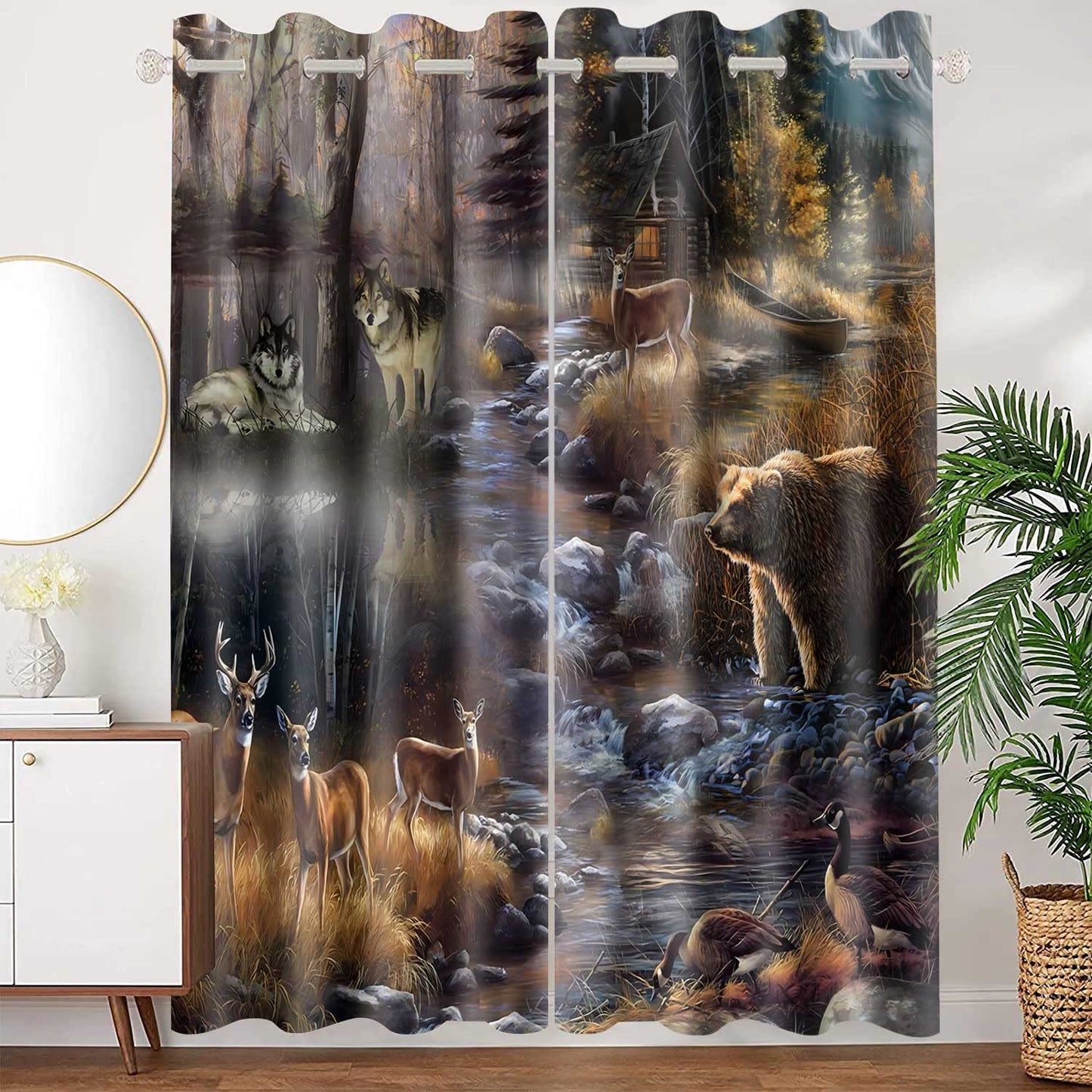 MIZSYE Rustic Lodge Curtains Wildlife Wolf Bear Elk Duck Country Style Blackout Curtain Forest River Nature Landscape Zoo Window Treatments for Bedroom Living Room 2 Panel 42x84inch CLDWMS0235