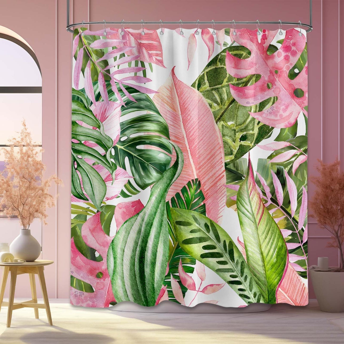 Pdvbiee Pink and Green Tropical Palm Leaf Shower Curtain, 70 X 72 Inch