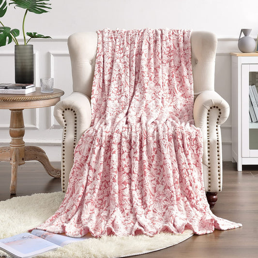 FY FIBER HOUSE Flannel Fleece Throw Blanket Super Soft Lightweight Microfiber with Flower Print for Couch, 60"X80", Peach