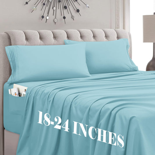 Mocassi Full Size 4-Piece Bed Sheet Set - 1800 Premium Hotel Quality Microfiber 18-24 Inches Extra Deep Pocket Fitted Sheet- Luxury Soft, Breathable, Wrinkle, and Fade Resistant, Aqua Blue