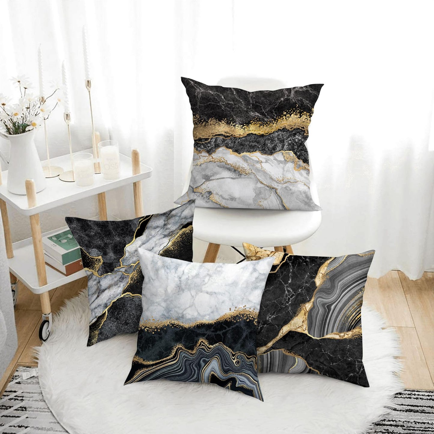Black Gold Marble Texture Decorative Pillow Covers 18x18 Set of 4, Gold and Black Grey Throw Pillow Cases for Couch Sofa Bedroom Living Room Decor Home Cushion Cover,Black Gold Living Room Decoration