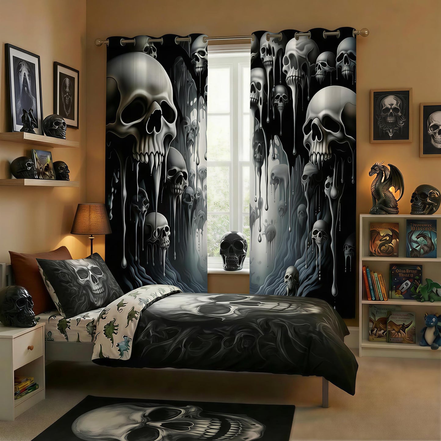 ONINUO Horror Skull Blackout Curtains for Girls Boy Home Decor, Day of The Dead Spooky Halloween Grommet Thermal Insulated Drapes Darkening Window Curtain for Bedroom Living Room, 42 x 45 Inch