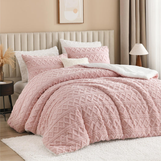 Andency Fluffy Sherpa Full Comforter Set, Super Soft Blush Fleece Warm Bedding for Winter, Luxury Jacquard Boho Thick Fuzzy Plush Bed Set 3 Pieces(1 Shaggy Comforter, 2 Pillowcases)