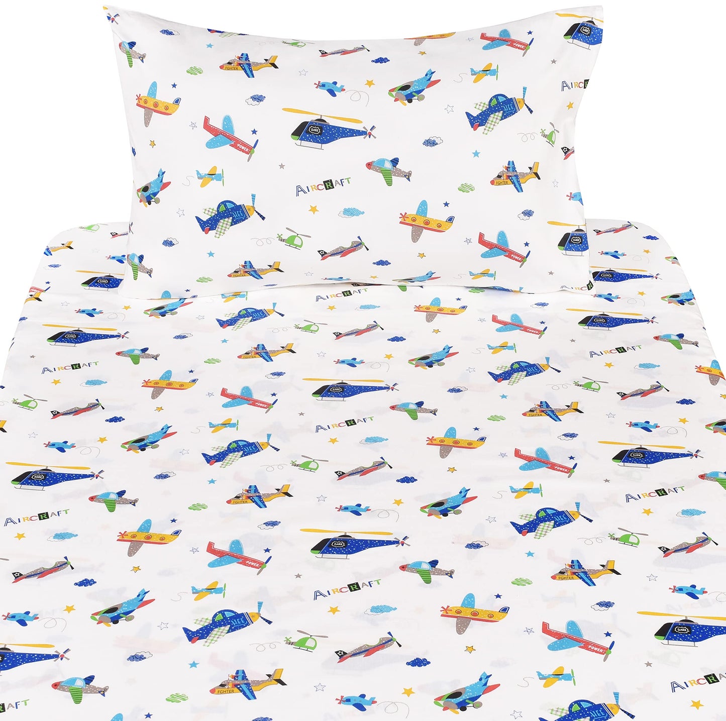 J-pinno Plane Airplane Aircraft Helicopter Cartoon Twin Sheet Set Bedroom Decoration Gift 100% Cotton Flat Sheet + Fitted Sheet + Pillowcase Bedding Set for Unisex Boys Girls (Airplane, Twin)