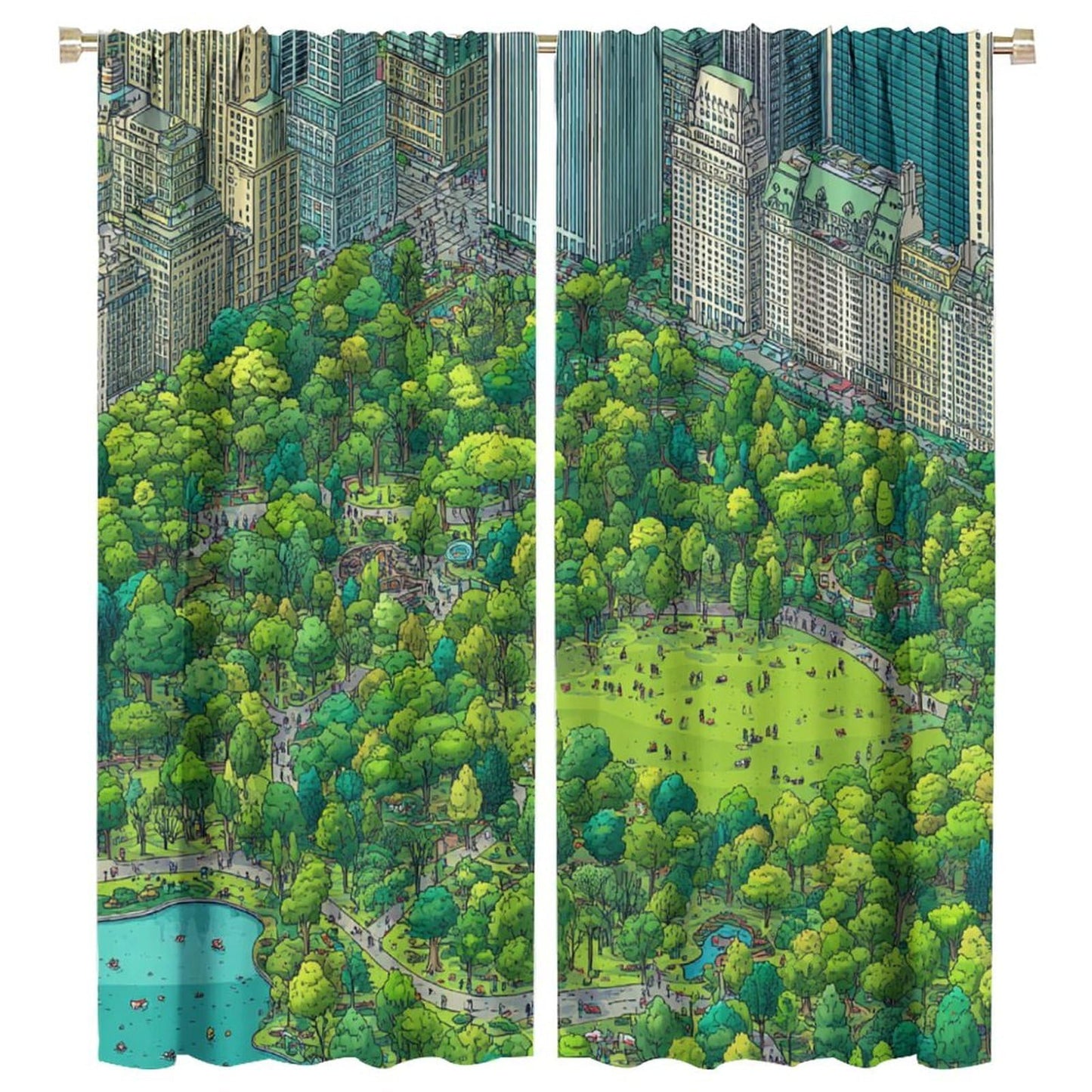 WDHTEXT Nature City Building Tree Blackout Curtains, Thermal Insulated Green River Rod Pocket Window Drapes for Living Room Bedroom Decor, 2 Panels, Each 21W x 45L
