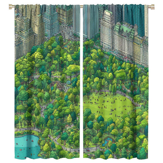 WDHTEXT Nature City Building Tree Blackout Curtains, Thermal Insulated Green River Rod Pocket Window Drapes for Living Room Bedroom Decor, 2 Panels, Each 21W x 45L