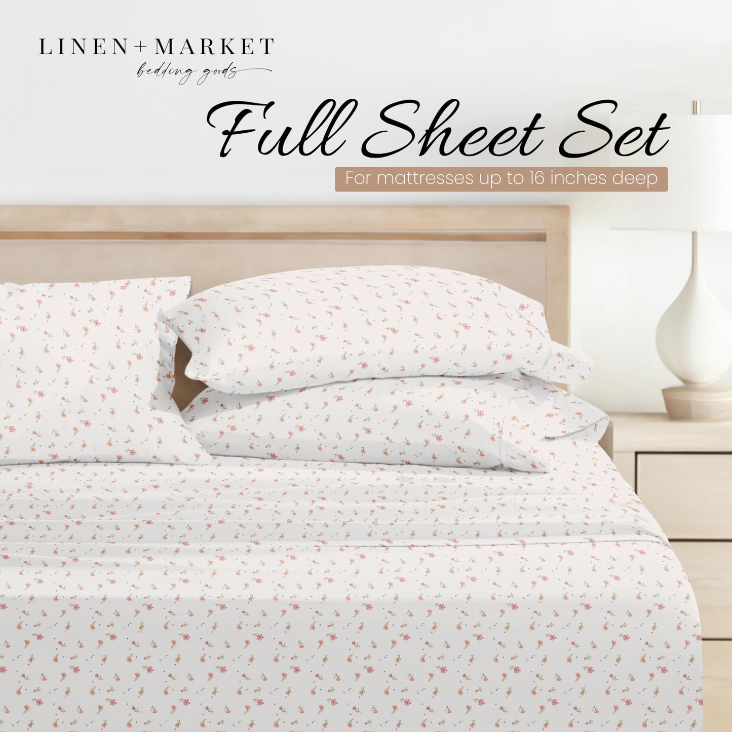 Linen Market Double-Brushed Patterned Microfiber Full Sheet Set 4 Piece – Oeko-TEX Certified Ultra Soft & Wrinkle-Free - 16" Deep Pocket Sheets - Easy Care Full Size - Soft Floral Pink