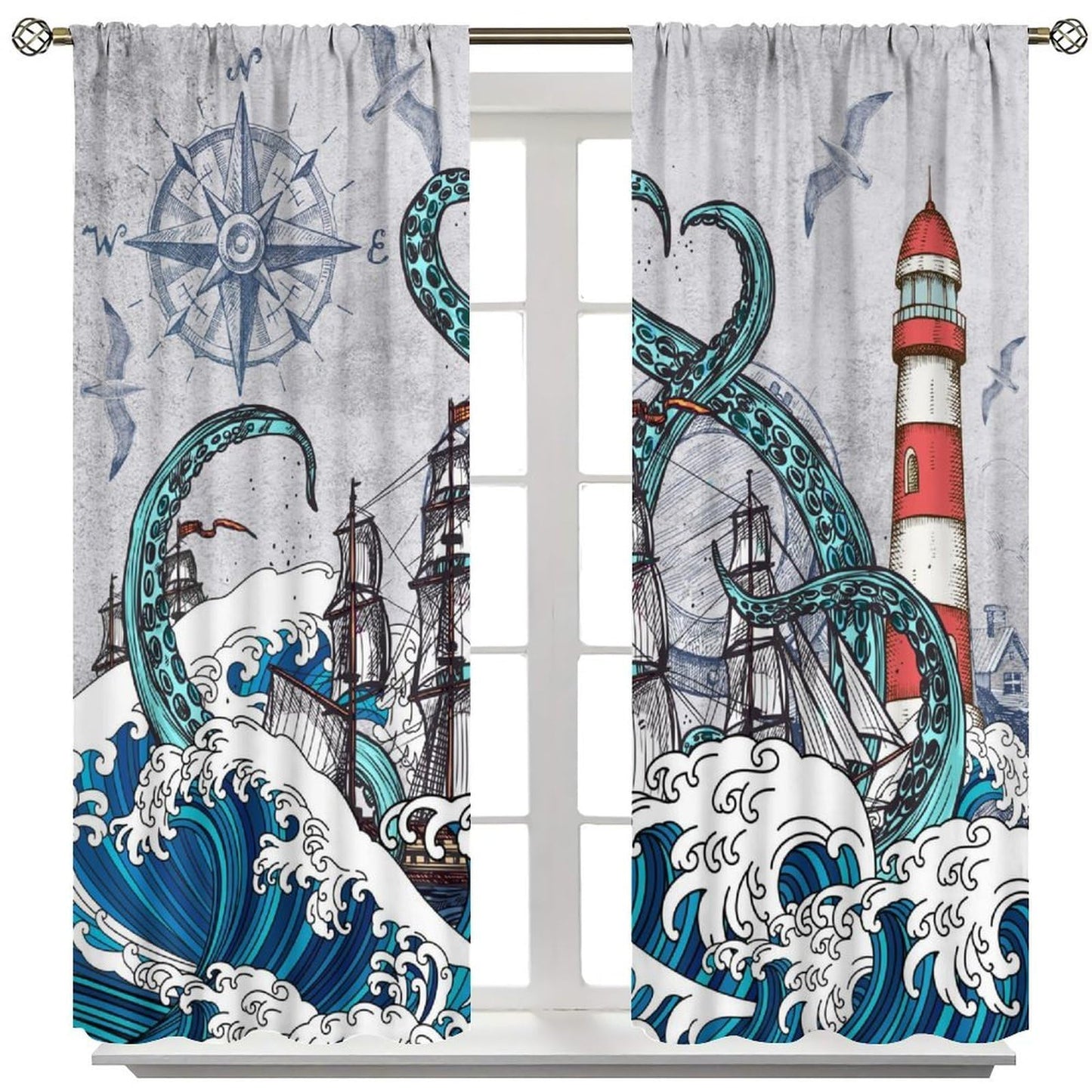 Nautical Curtains Vintage Blue Octopus Sea Monster Sailboat Map Rustic Lighthouse Compass Scene Ocean Beach Windows Treatments Rod Pocket For Boys Kids Living Room Bedroom 42x44.5In（No Blackout）