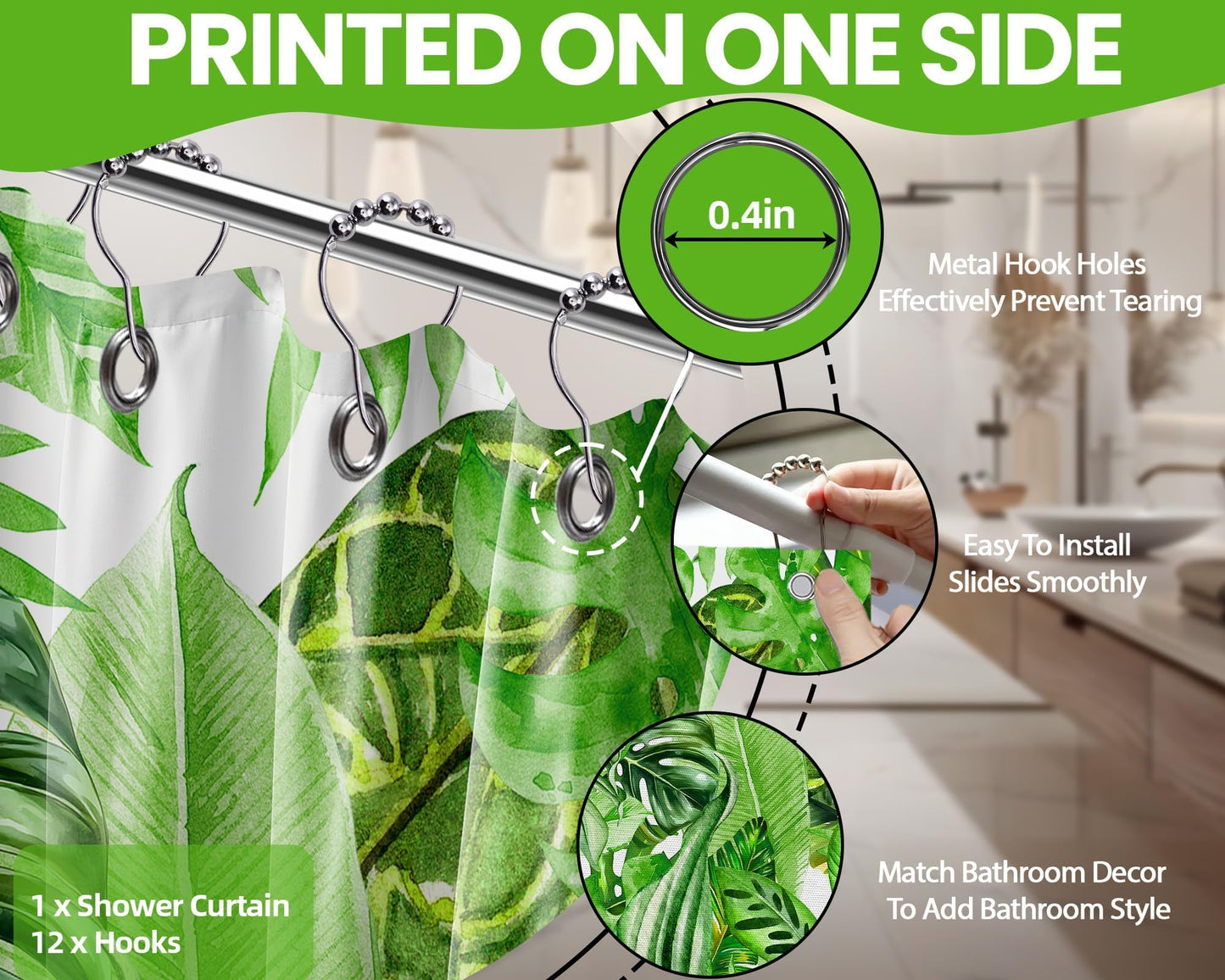 Pdvbiee Green Tropical Palm Leaf Shower Curtain, 70 X 72 Inch