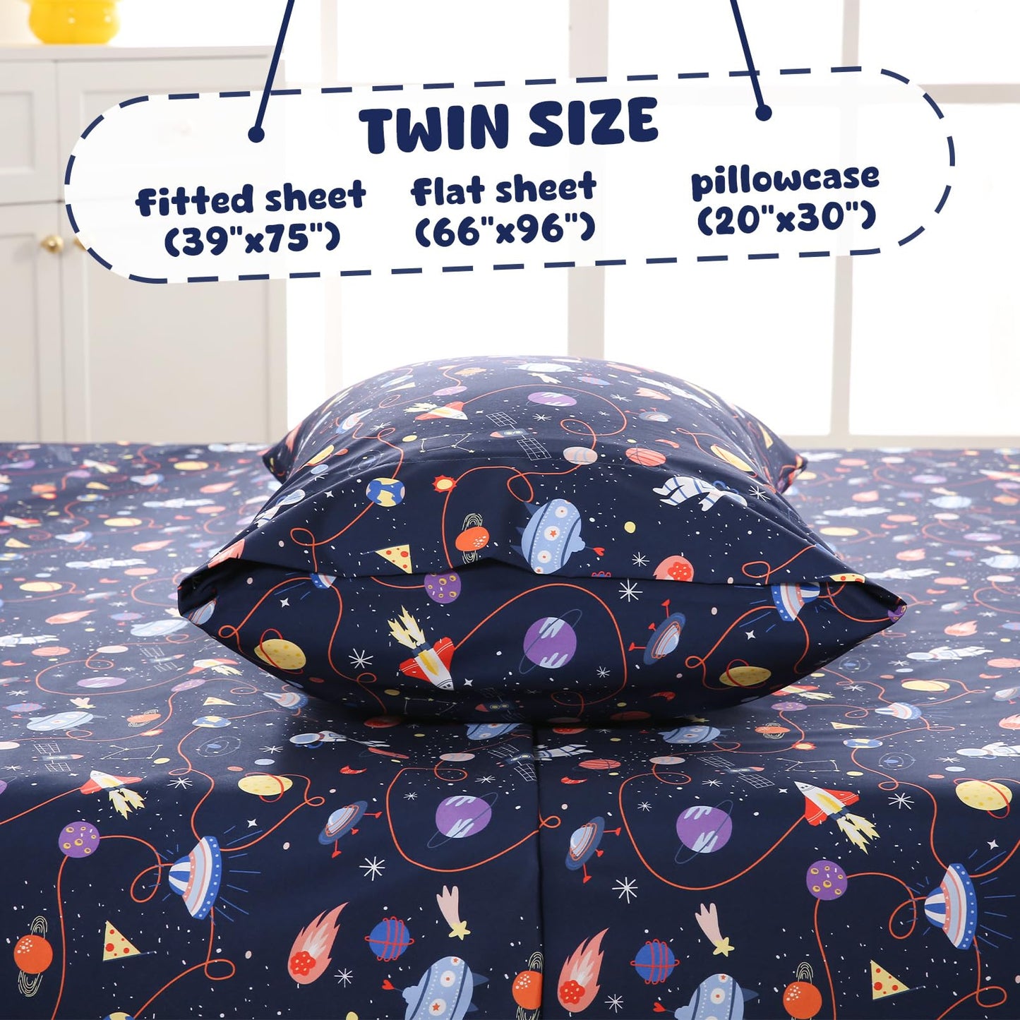 LONAVA Twin Sheet Set Kids - 3 Pieces Soft Microfiber Cartoon Style Bedsheets for Boys Girls Teens, Oeko TEX, Breathable Deep Pocket Sheets, (Astronauts)