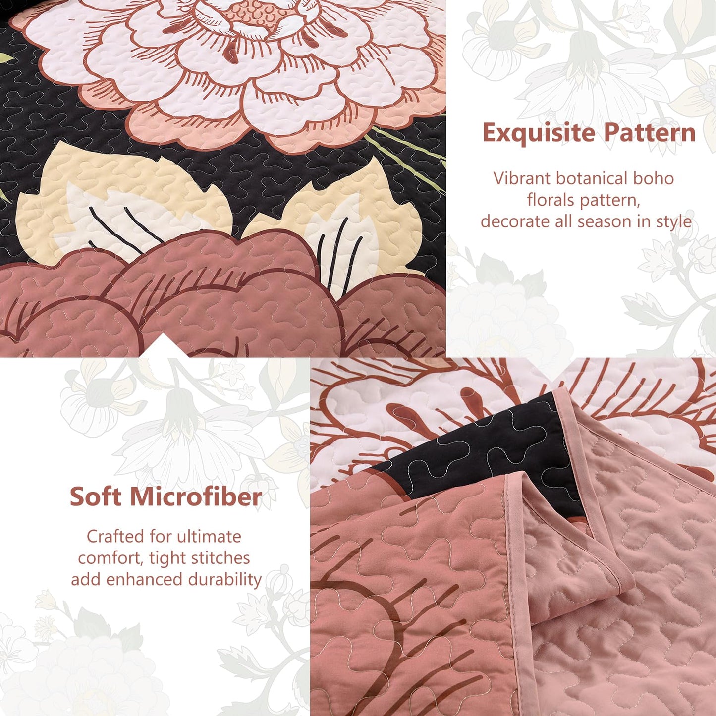 DJY Black Quilt Set Queen Size 3 Pieces Floral Boho Bedspread Coverlet Set, Soft Microfiber Black Pink Farmhouse Floral Quilted Bedding Set Reversible Bed Cover for All Season, 96''x90''