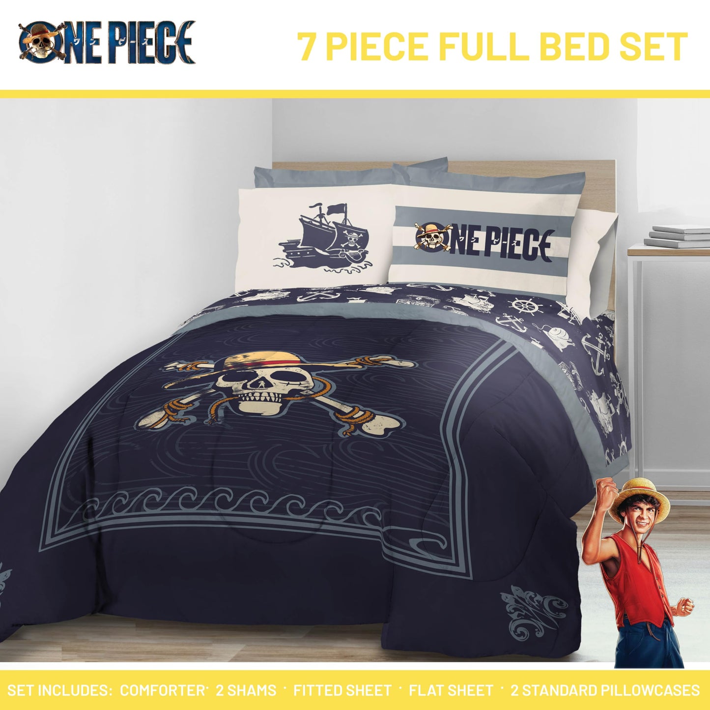 Jay Franco One Piece Full Size Comforter Set - 7 Piece Blue Bedding Includes Sheet Set & Pillow Covers - Super Soft Anime Bedding with Skull and Bones