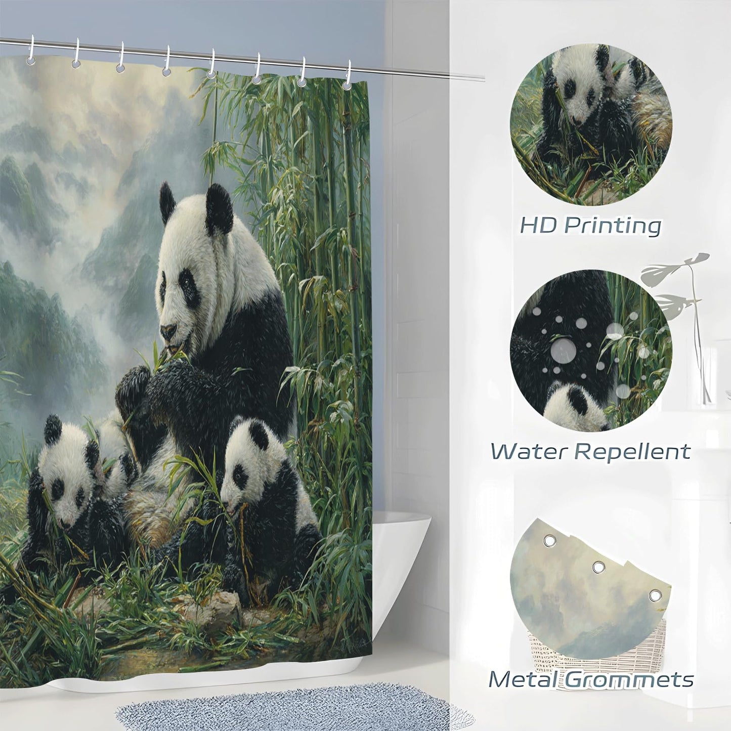 ZROLUW Giant Panda Shower Curtain Waterproof Soft Polyester Fabric 72" W x 72" L Bamboo Forest Animals Shower Curtains with Grommets Bathroom Accessories Decor