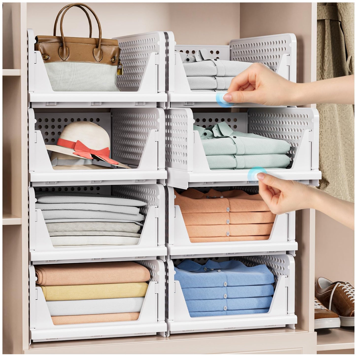 5 Pack Stackable Closet Storage Basket - Stackable Storage Bins, Multifunctional & Foldable Closet Organizer Waterproof, Wardrobe Cupboard Space-Saving Hat Storage Drawer Organizer, White