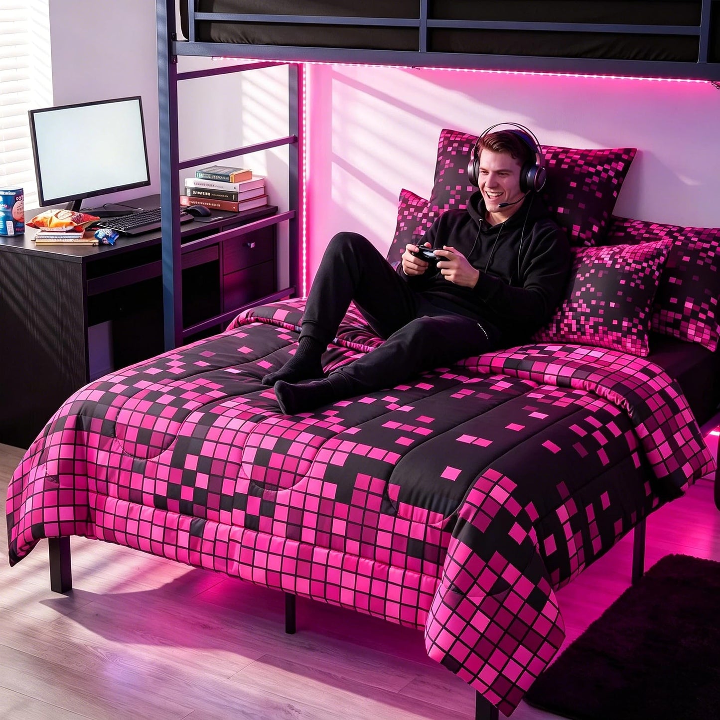 Feelyou Pink Black Gradient 8-bit Pixel Twin Comforter Set with Sheets for Kids Boys Girls Nostalgic Gamer 7 Pieces Bedding Set Retro Pixel Bed in a Bag Gaming Room Decor Room Decor Microfiber