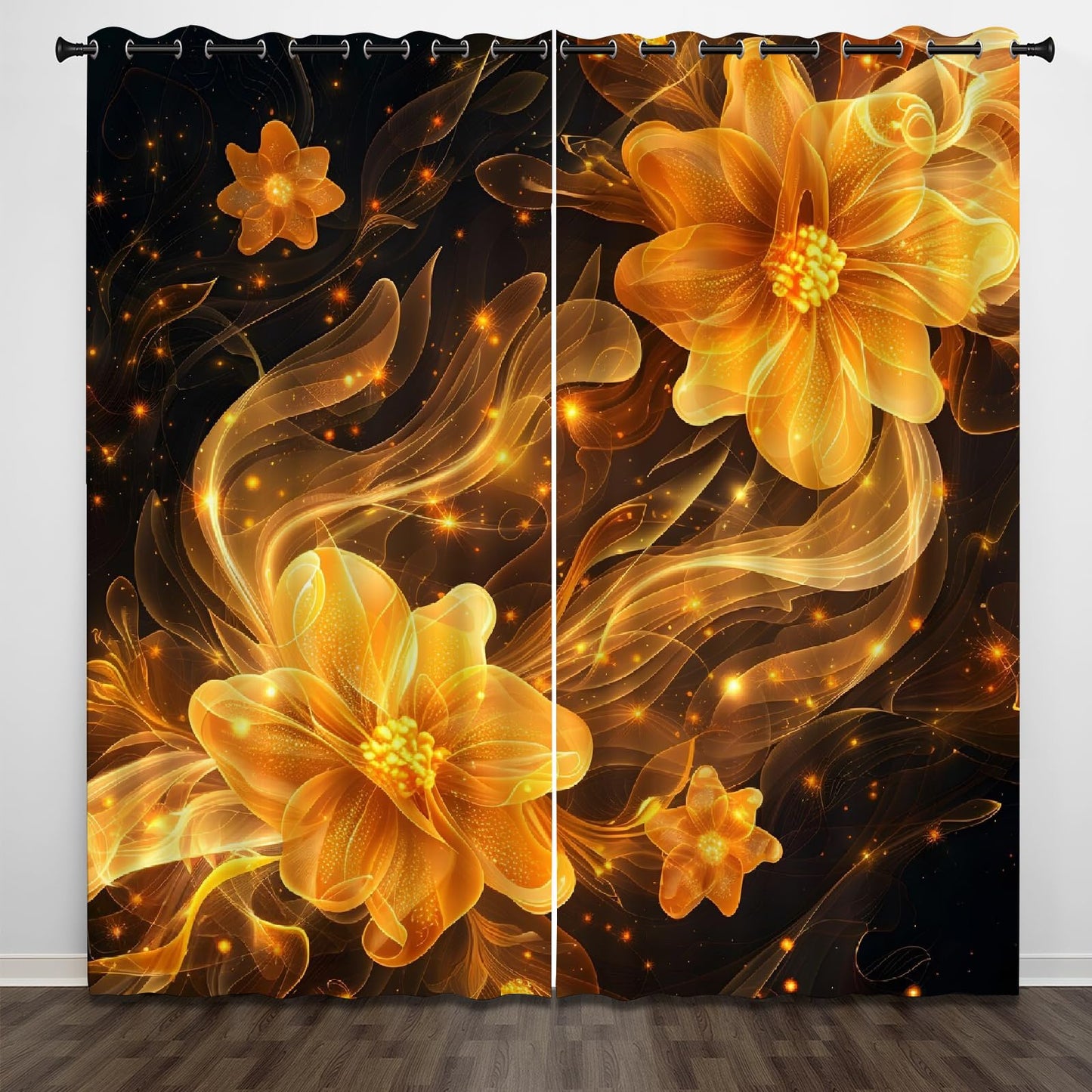 Abstract Golden Flowers Blackout Curtains, Shiny Background Window Curtain Set of 2 Panels, 3D Printed Energy Saving Noise Reducing Drapes for Bedroom Living Room Decor(84" W x 84 "L)