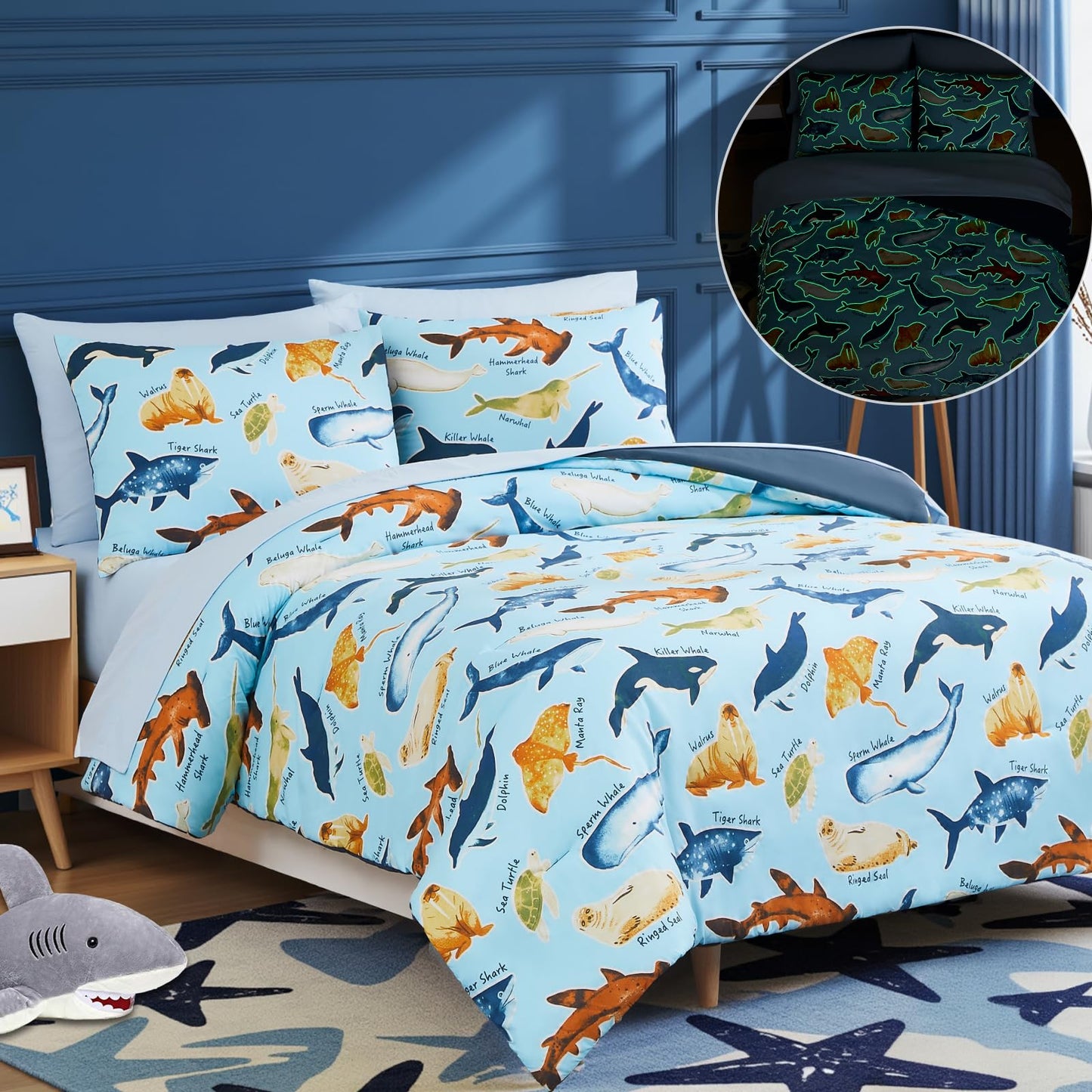Kaleido Space Twin Comforter Set for Boys Kids - 5 Pieces Glow in The Dark Ocean Animals Twin Bedding Sets for Kids, Ultra Soft Bed in A Bag with Sheets