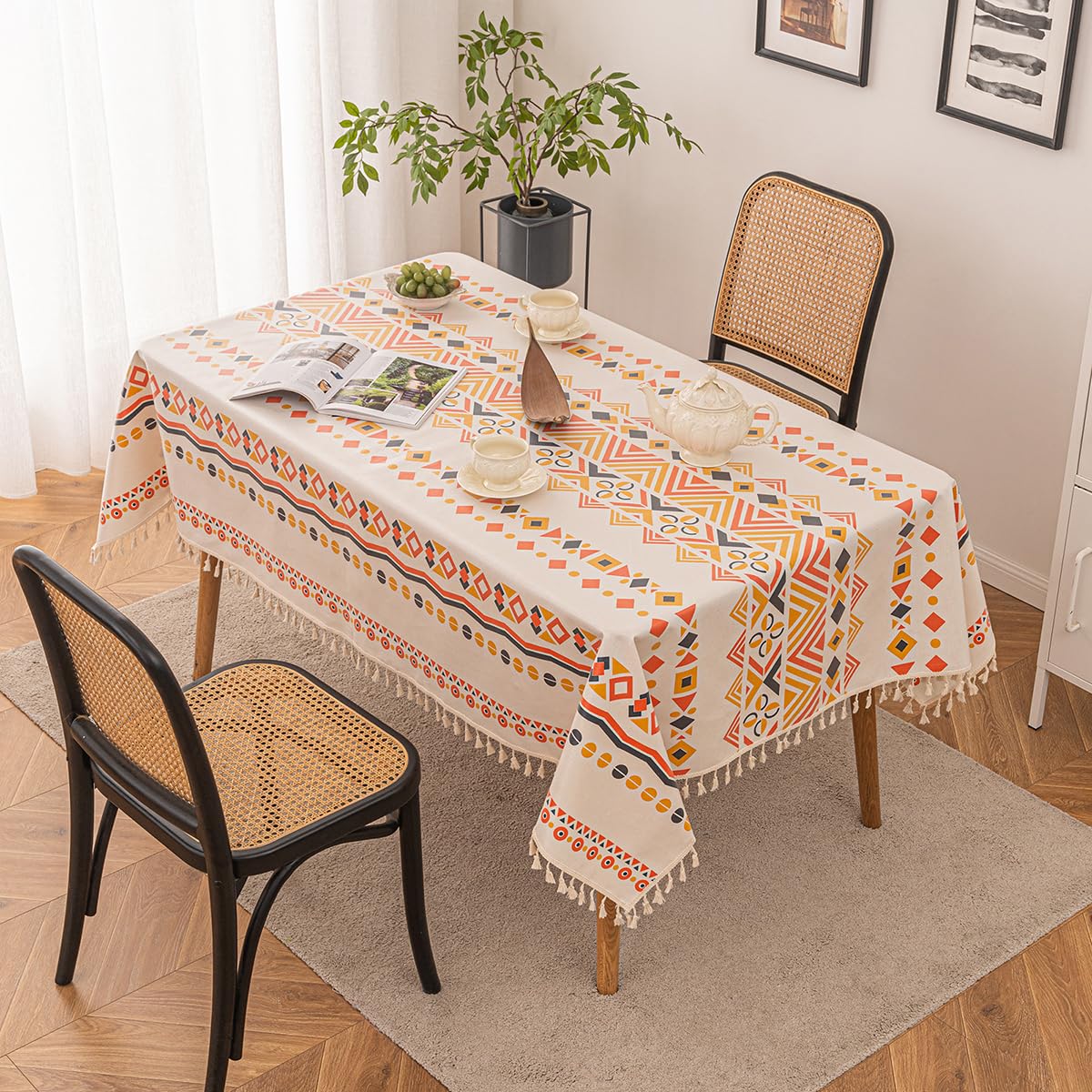 JunWondC Waterproof Bohemian Tablecloth 6-8ft Rectangle Orange Multi Tassel