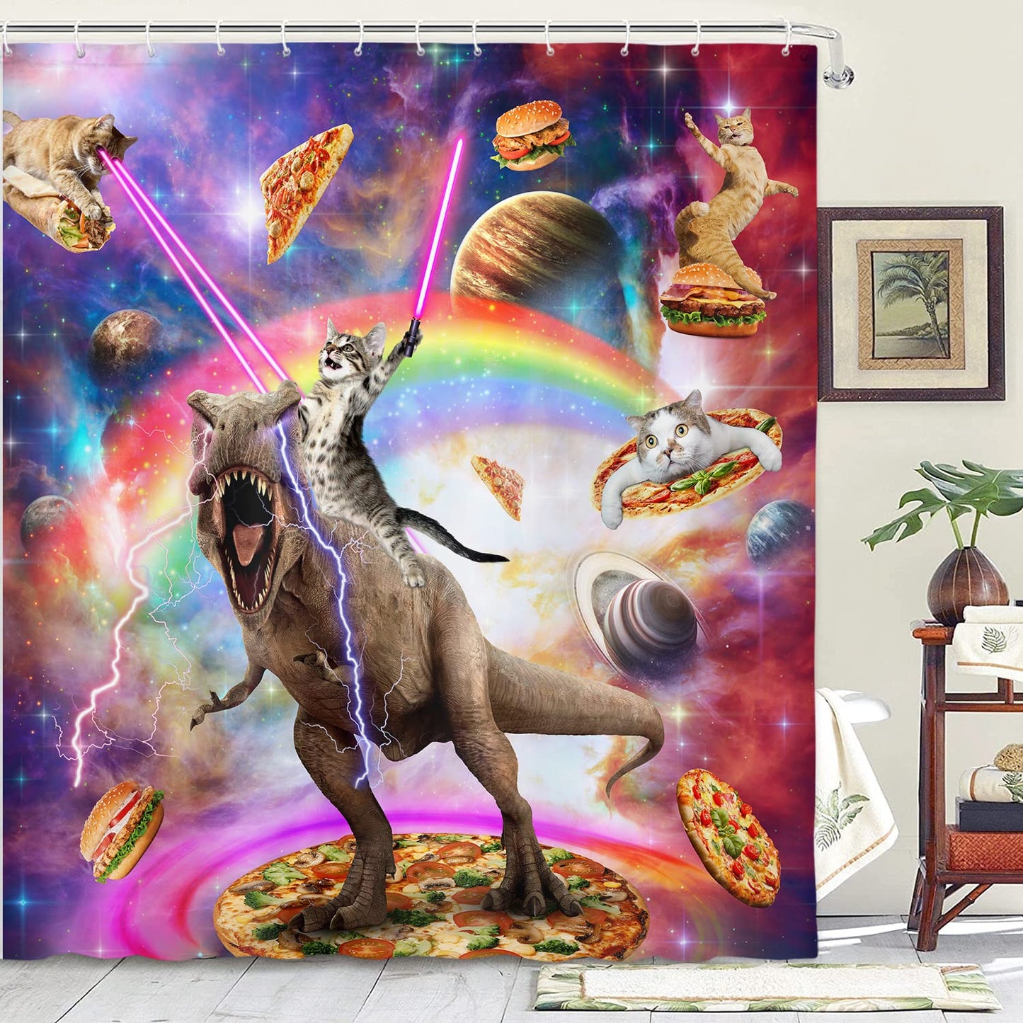Funny Cat Shower Curtain - Cool Cat Riding Dinosaur on Galaxy Space - Cute Hilarious Anime Fabric Boys Girls Shower Curtain for Bathroom with 12PCS Hooks, 70X70IN