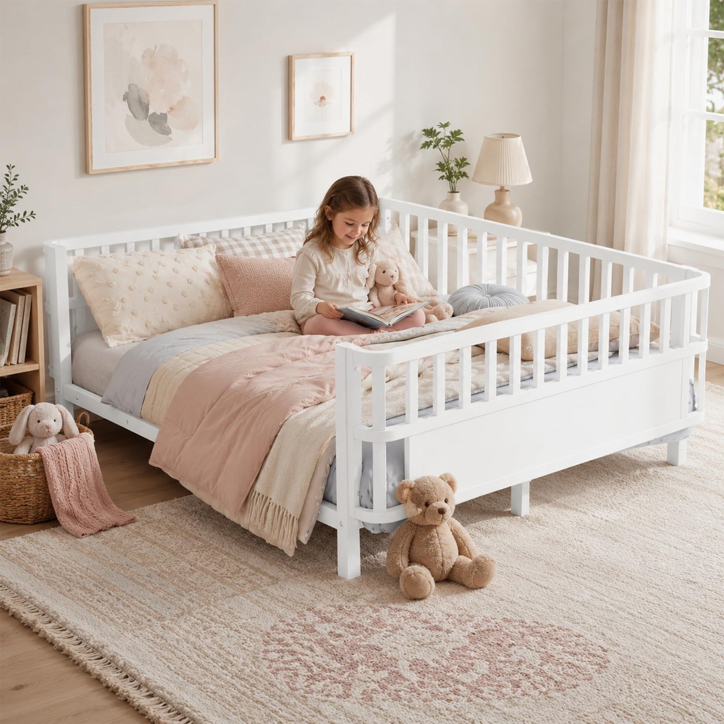 OYUMOENTS Full Size Bed Frame Kids, Metal Low Profile Montessori Bed Full with Removable Side Rails & Rounded Corner Design, Kids Daybed for Boys Girls, No Box Spring Needed, Easy Assemble, White