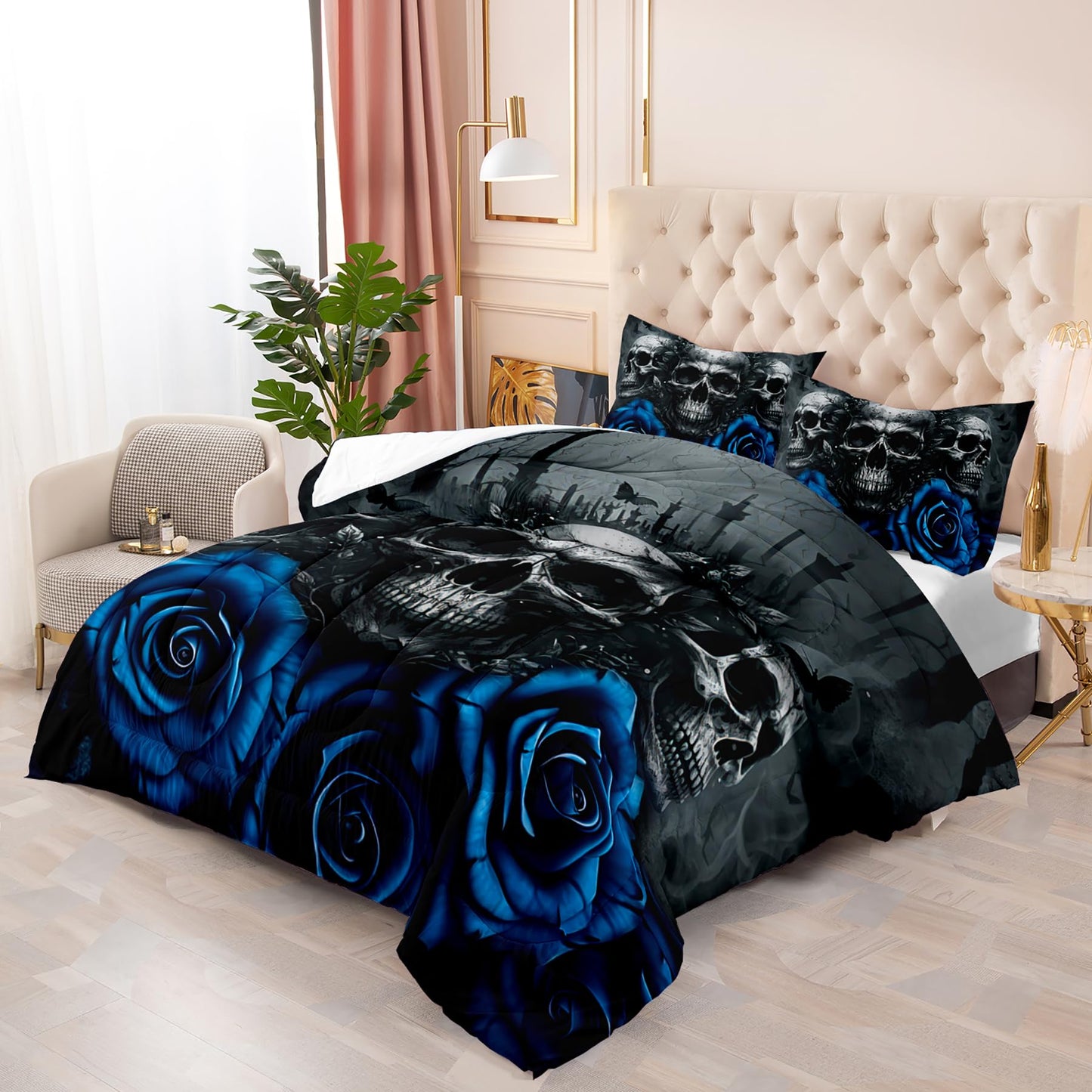 Tuzaovy Skull Bedding Set Queen Size,Goth Bedding Sets Queen with Comforter,Skull Comforter Set,Rose Comforter Halloween Skull Bed Comforter,Black Bedding Skull Quilt