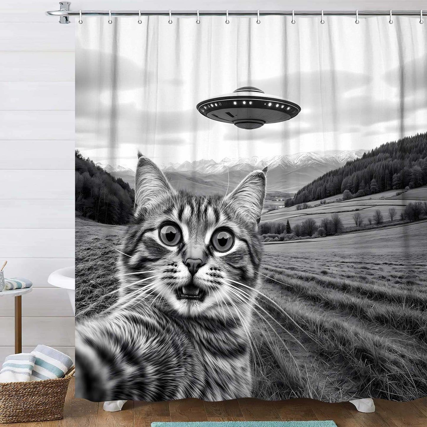 JAWO Funny Shower Curtain, Hilarious Selfie Cat Waterproof Bath Curtain, Modern Gray Country Scene Fun Cute Gray Cat UFO Bathroom Decor, 72X72 INCH with Hooks