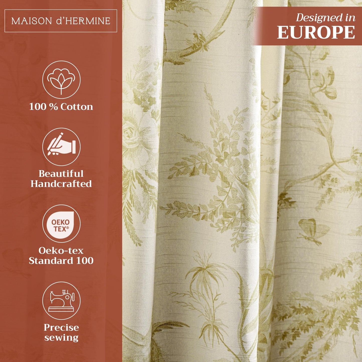 Maison d' Hermine Curtains for Living Room 100% Cotton 96 inch Length One Panel Light Filtering Toile Curtains for Bedroom Windows with Rod and Loop Pockets Drapes (Paradise Sage, 50" W x 96" L)