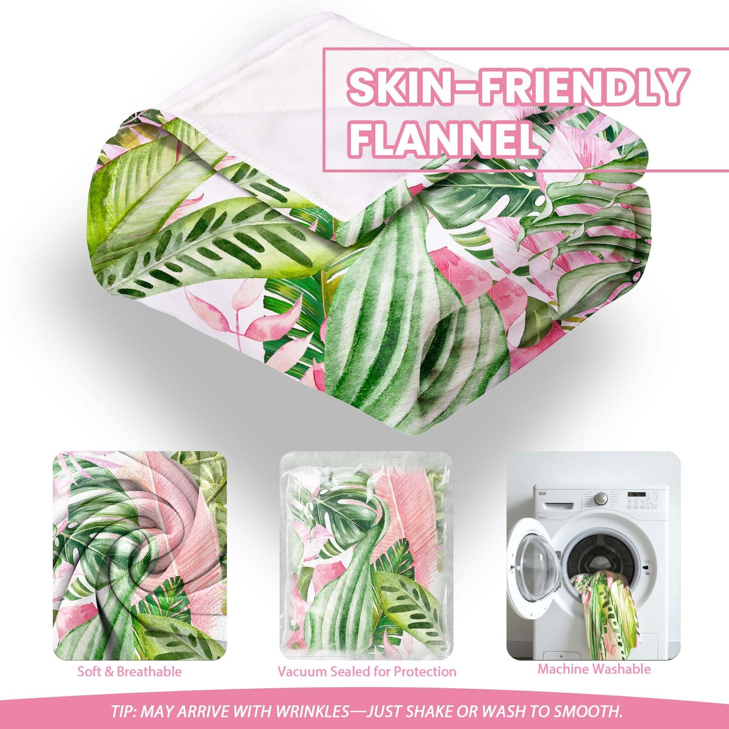 Pdvbiee Pink and Green Tropical Throw Blanket, 50x60 in