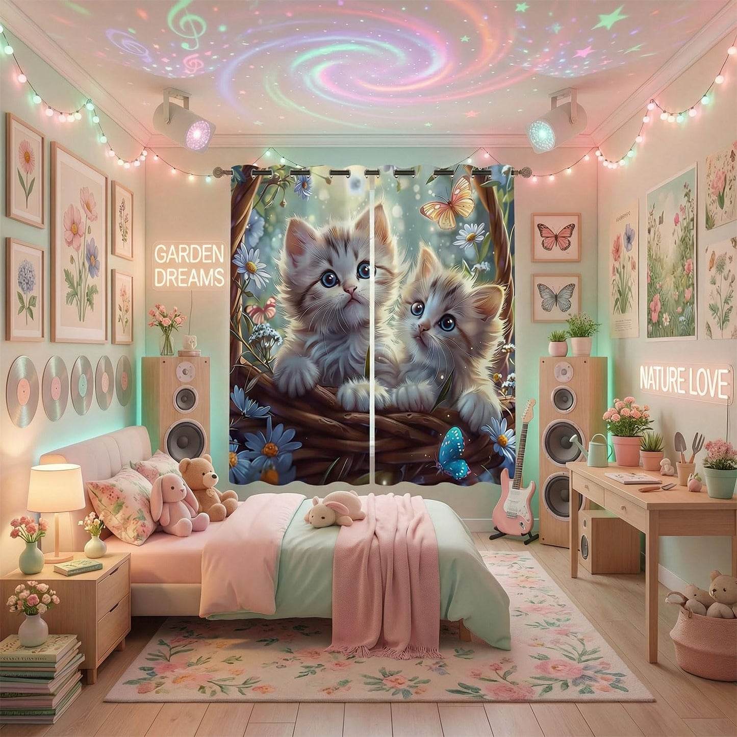 Sordcoz Cat Blackout Curtains for Girls Bedroom — Kawaii Kitty Print Room Darkening Drapes with Silver Grommets, Thermal Insulated 2 Panels Window Curtains for Kids Room & Nursery, 42 x 45 Inch