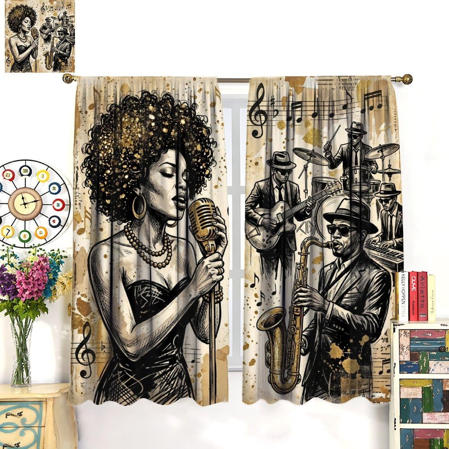 PHTAYOT American Woman Jazz Music Curtains African Black Girl Singing Jazzist Band Black Gold Modern Art Pattern Decor Window Drapes for Bedroom Living Room,2 Panels Set,42x45Inch