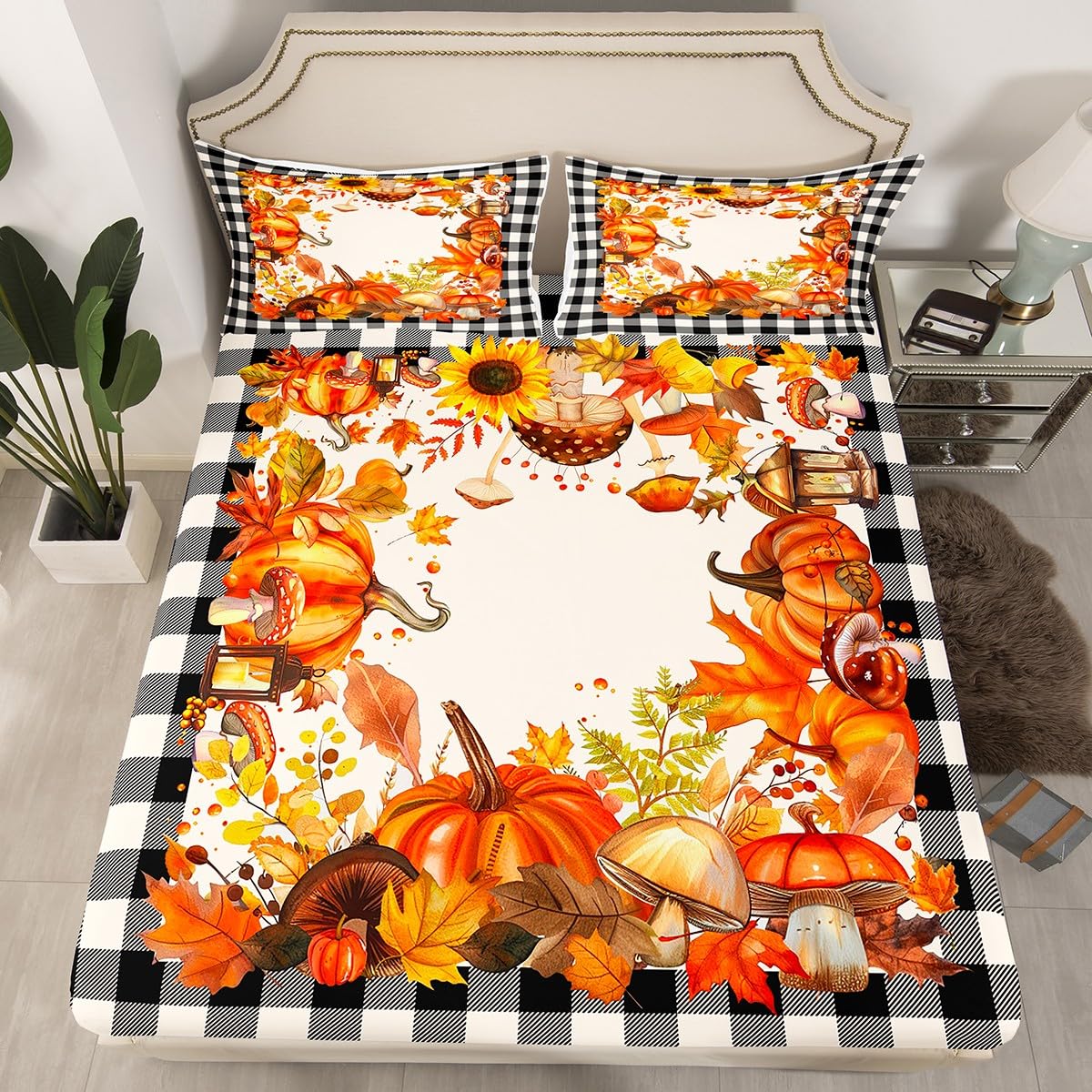 Thanksgiving Bed Sheets Fall Pumpkin Mushrooms Bedding Sheets Queen Brown Buffalo Plaid Sheet Set,Autumn Harvest Season Fitted Sheet + Flat Sheet + 2 Pillow Cases,Fall Decorations For Home Bedroom
