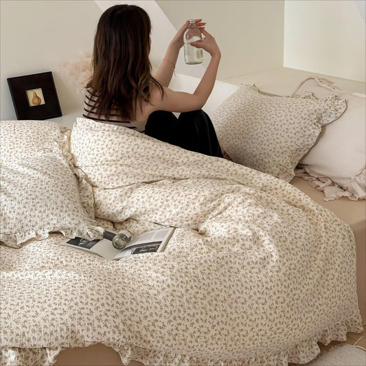 BuLuTu Cotton Muslin Duvet Cover Queen, Camellia Floral Quilt Cover with 2 Pillow Cases, Cottagecore Ruffled Comforter Cover Kids Teens Young Adults Bedding Set, Soft Lightweight
