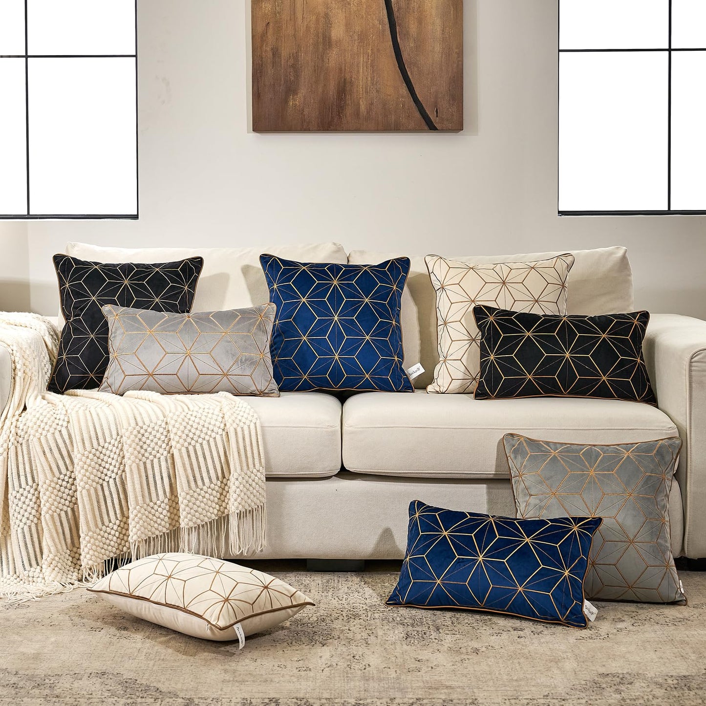 Aeckself Gray Gold Velvet Lumbar Throw Pillow Cover 12 x 20 Inch, Embroidery Rectangle Modern Plaid Accent Pillow Cover with Stitched Edge Decorative Oblong Cushion Case for Couch Living Room Bedroom