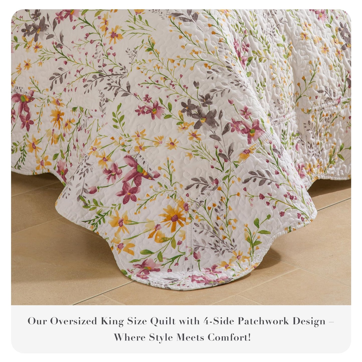 Masaca Oversized King Bedspread 128"x120",Yellow Wild Flower Botanical Printed Pattern Floral Oversized King Quilt Set Lightweight Scallop Extra Large California King Size Quilt Bedding Coverlet Set
