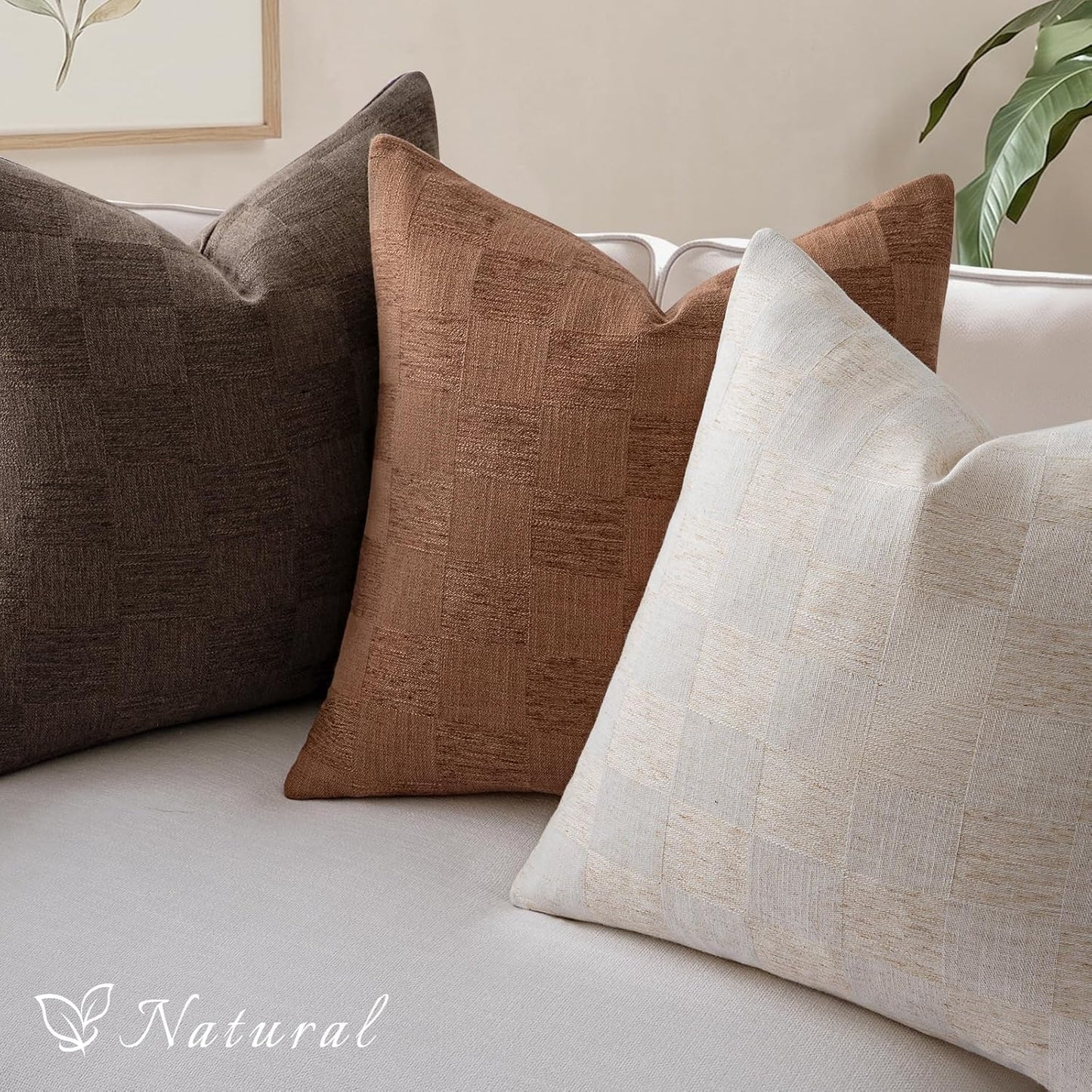 a moment Set of 2 Decorative Linen Throw Pillow Covers,Large Grid Textured Neutral Boho Farmhouse Cushion Covers,Soft Aesthetic Pillowcases for Couch Sofa Living Room Home Decor,24x24 Inch,Beige