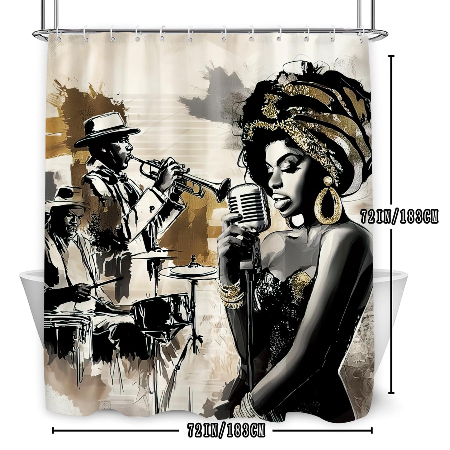 Glioown African American Shower Curtain 60Wx71L, Music Band Shower Curtains for Bathroom, Black Woman Lady Hippie Shower Curtain Set 12 Pack Hooks