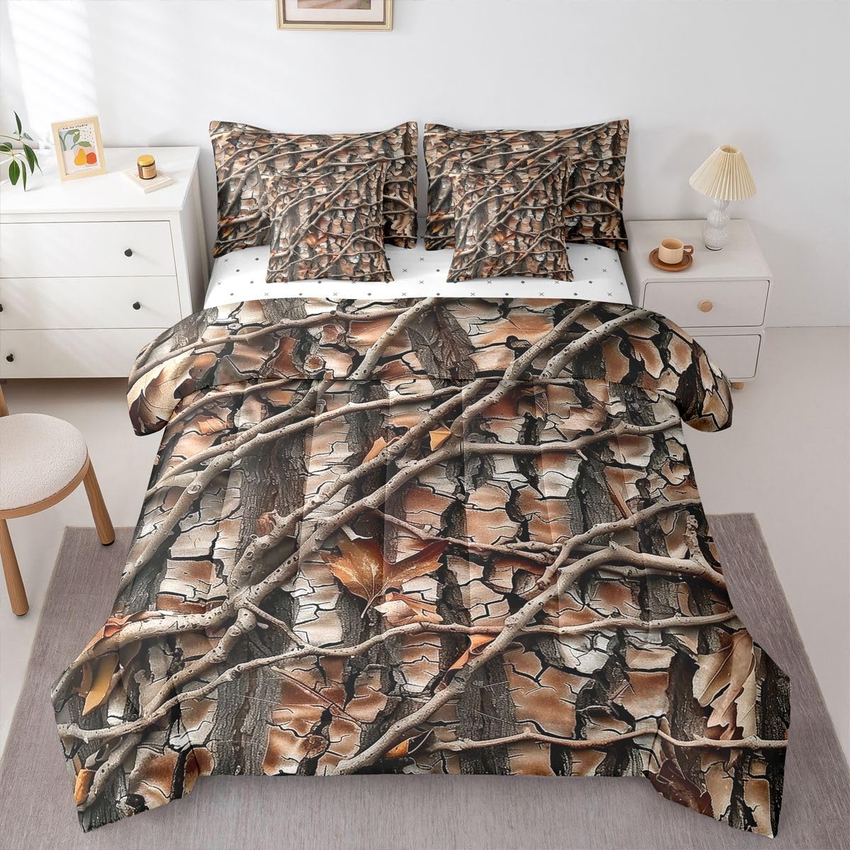 Feelyou Tree Branches Queen Comforter Set with Sheets for Kids Boys Girls Tree Leaf 7 Pieces Bedding Set Botanical Bed in a Bag Nature Theme Room Decor Soft Microfiber