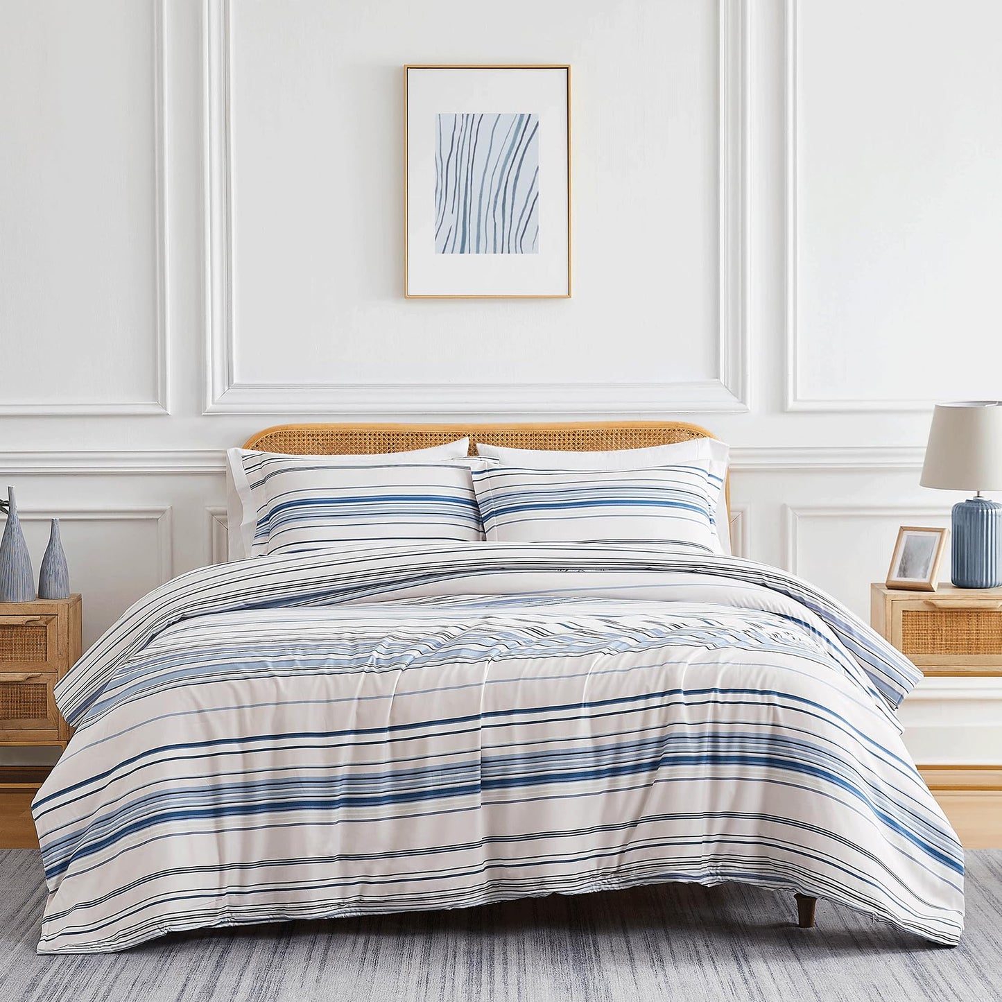 Southshore Fine Living, Inc. Oversized King Coastal Duvet Cover Set, Blue and White California King Duvet Cover, Reversible Bedding Set for Beach Theme Rooms, 2 Pillow Shams - Coastal Stripe Blue
