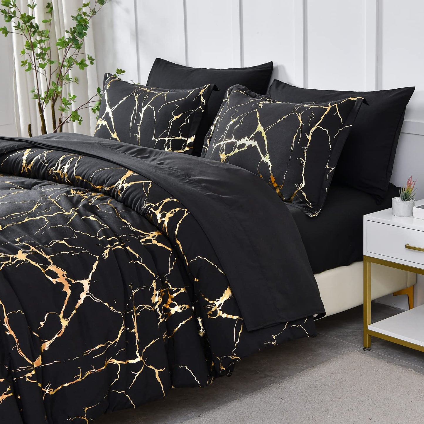 Yogeneg Gold Metallic Marble King Size Comforter Set,7 Piece Bed in a Bag,Foil Print Glitter Black Comforter and Sheet Set,All Season Soft Microfiber Complete Bedding Sets(Black,King)