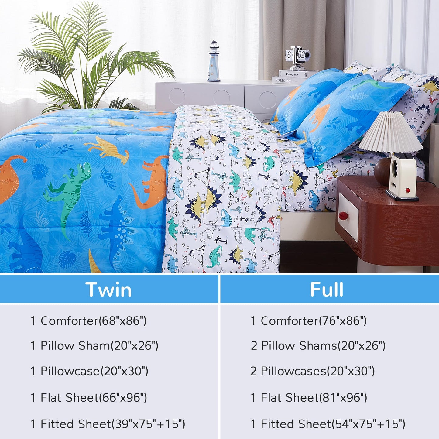 Viviland Kids Twin Bedding Sets for Boys, Soft Twin Comforter Set with Sheets, 5 Pieces Microfiber Bed in a Bag, Blue Dinosaur