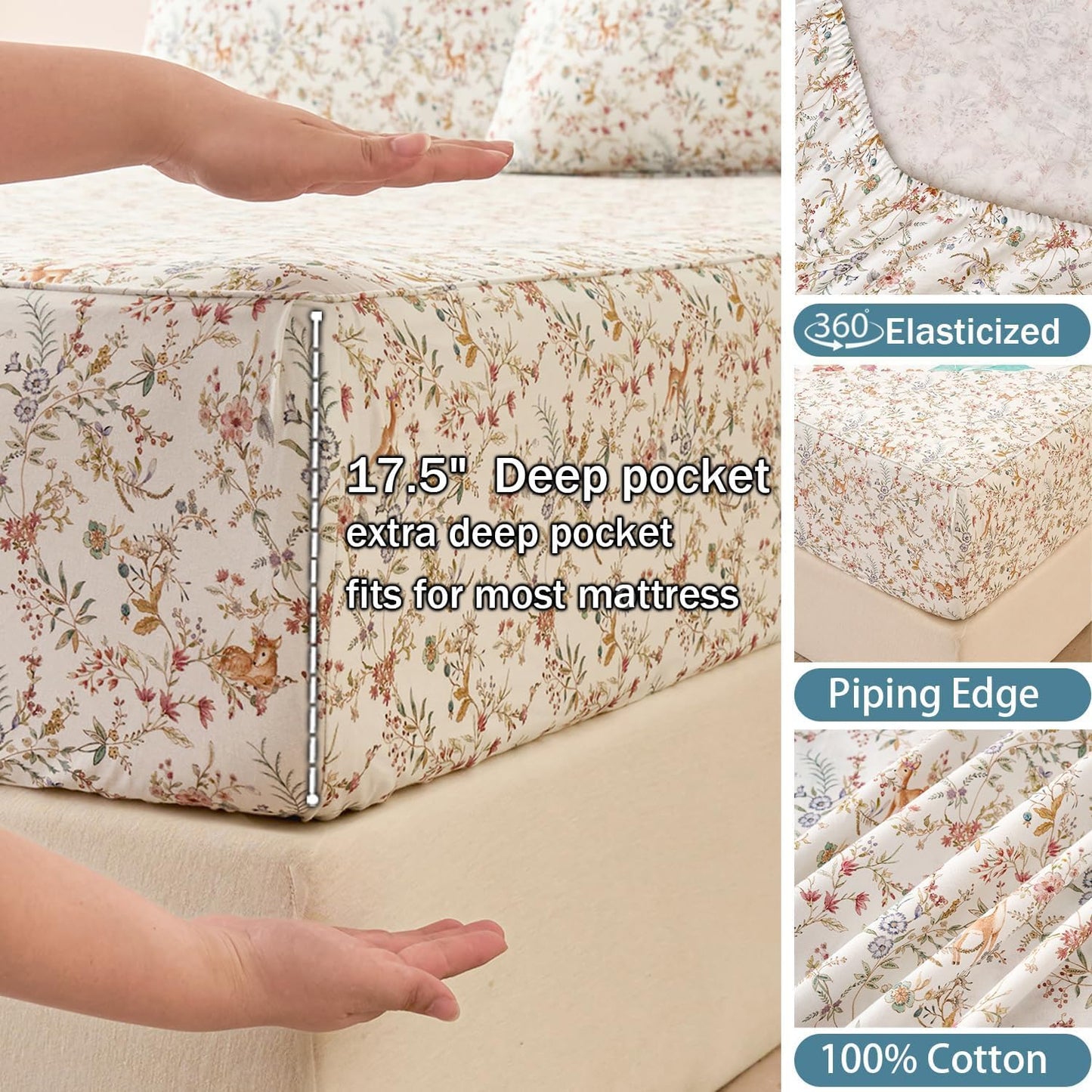 Huborise Orange Queen Sheet Set 400TC 100% Cotton Flannel-Like Warm Luxury Animal & Floral Bed Sheets 4Pc Deep Pocket 17.5", Double Brushed Extra Soft Breathable, Fall/Winter French Country Bedding