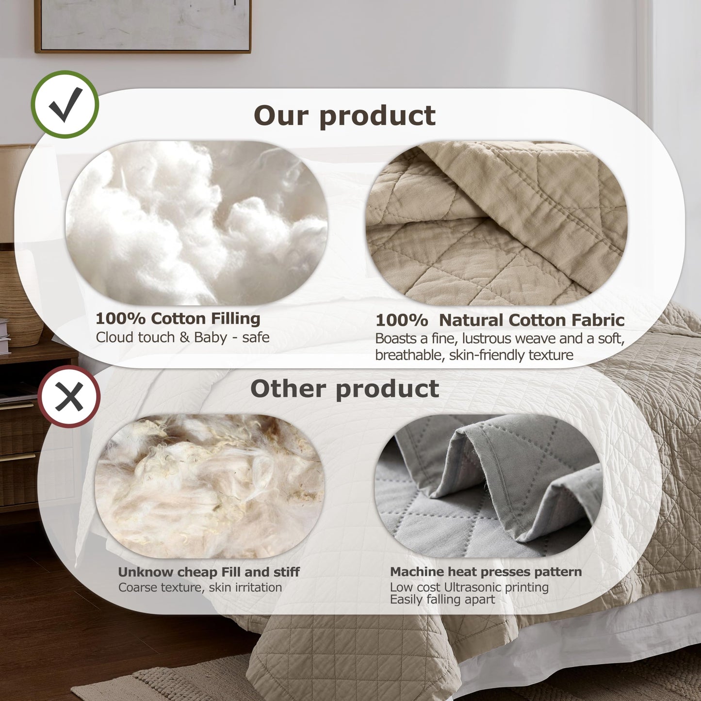 WDCOZY 100% Cotton Quilt Oversized King Size Bedspread, Pre-Washed 3-Piece Lightweight Soft Coverlet Set with 2 Pillow Shams, Farmhouse Design All Season Bedding Set, Beige