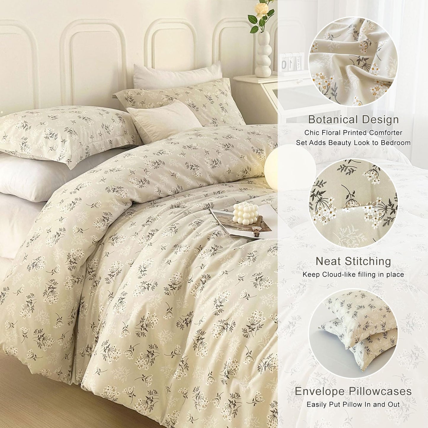 EAVD Boho Floral Comforter Set Queen Soft Washed Microfiber Garden Beige Floral Bedding Queen Comforter Set Reversible Botanical Bedding Set with 2 Pillowcases