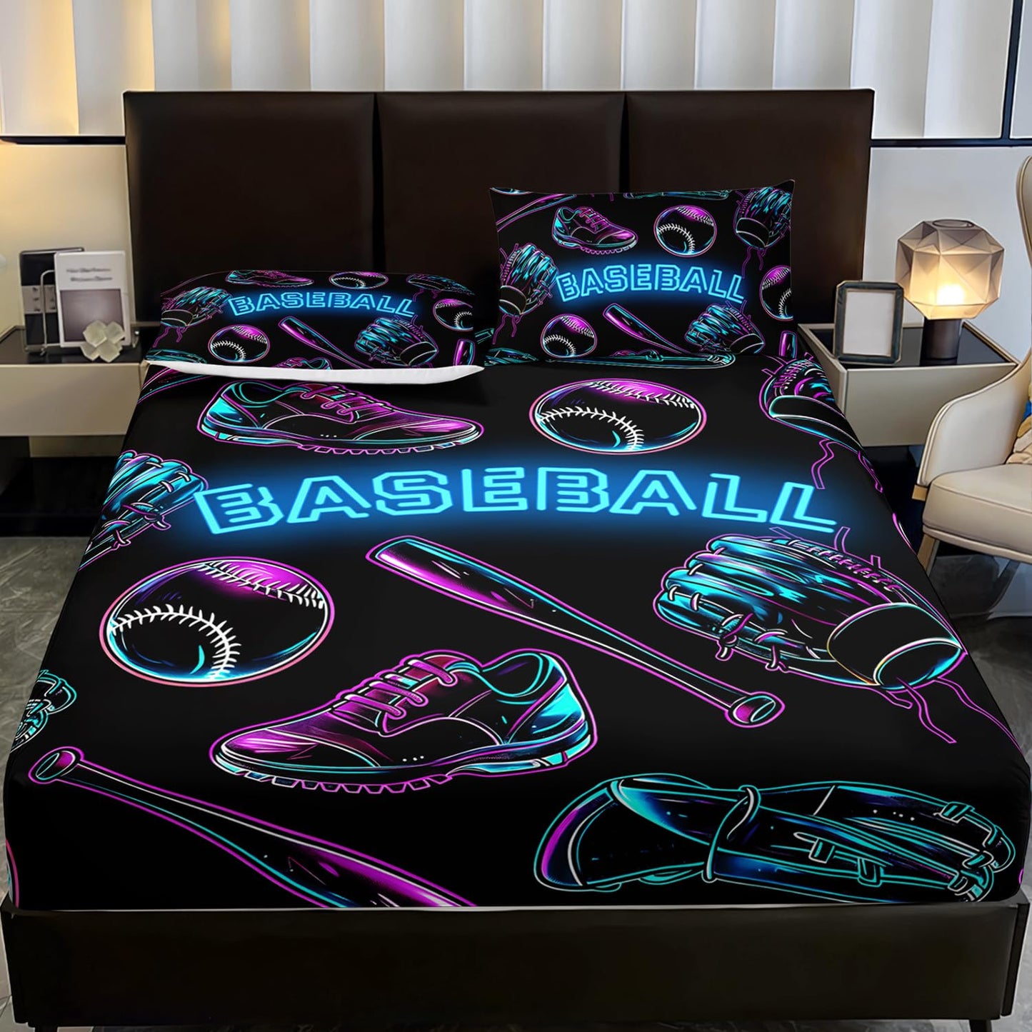 XYNHML Baseball Sport Fitted Sheet 3Pcs Twin Sneaker Baseball Bat Gloves Bedding Set for Kid Teen Girl Boy Adult National Sport Games Shoes Sheet Decor with 1 Fitted Sheet+2 Pillowcases No Flat Sheet