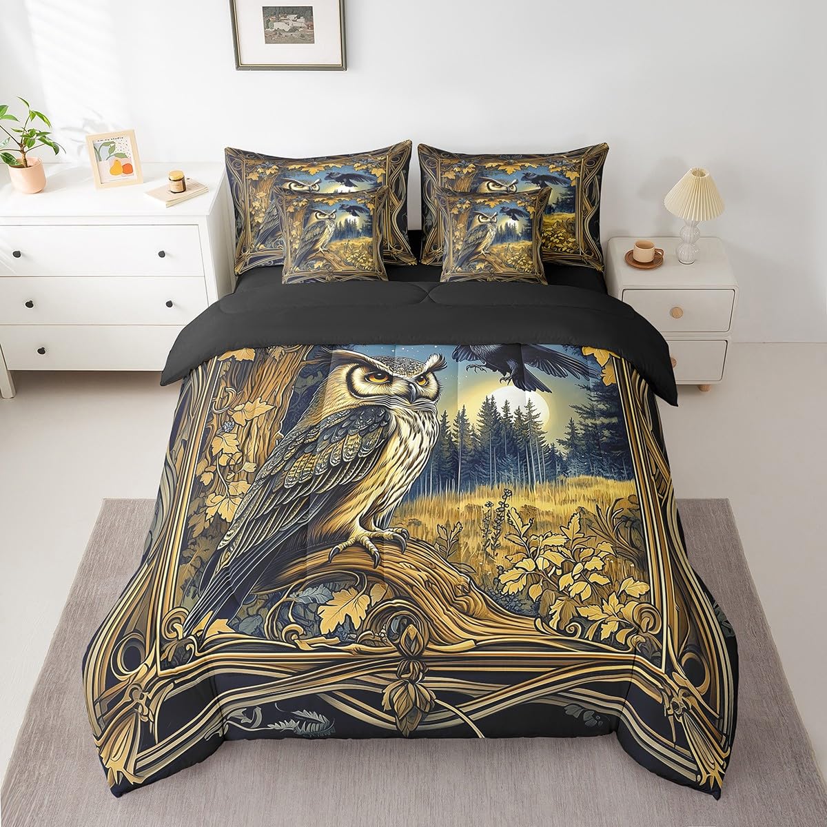 Feelyou Boys Girls Owl 7 Pieces Bedding Set Queen Size, Cute Animal Bed in A Bag Kids Wild Animal Comforter Set with Sheets West Teens Bed Set Bedroom Decor 7Pcs