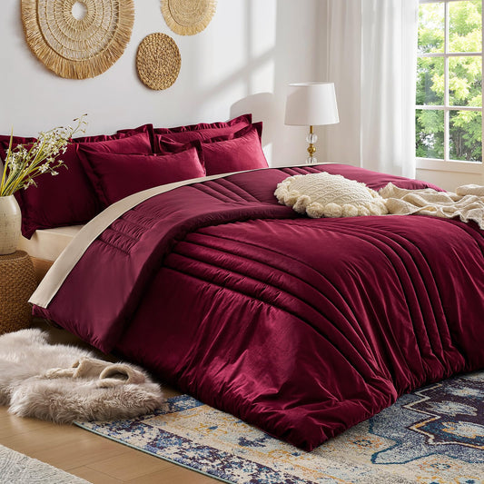 Burgundy Velvet Bedding Comforter Sets: Queen Size 3 Pieces Luxury Ultra Soft Bed Set Suitable for All Seasons - Cozy Striped Modern Rustic Lightweight Men Women Bedroom Queen Comforter with 2 Shams