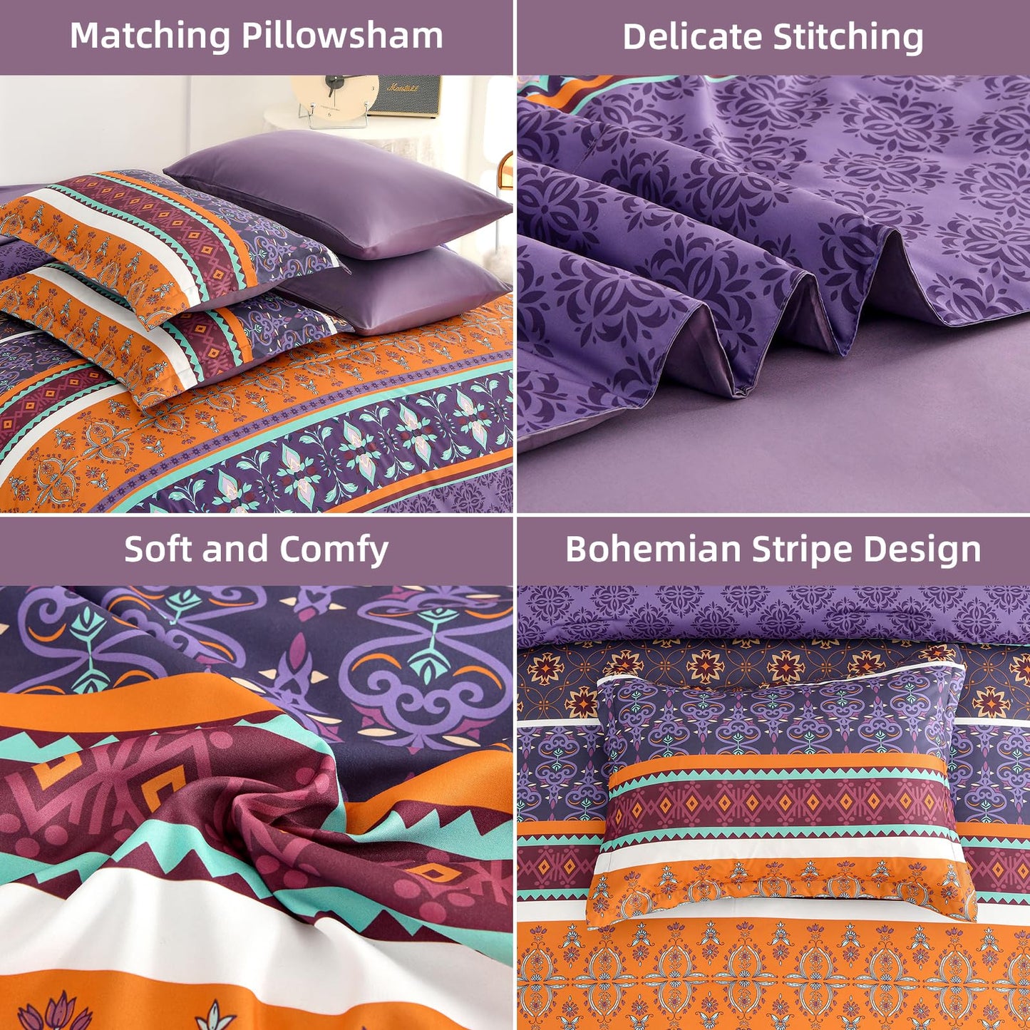 WONGS BEDDING Boho Comforter Set King Size,7 Pieces Bohemian Striped Bedding Comforter Set Bed in a Bag,Purple Paisley Floral Comfortet and Sheet Set,Soft Microfiber Bedding Sets for All Season