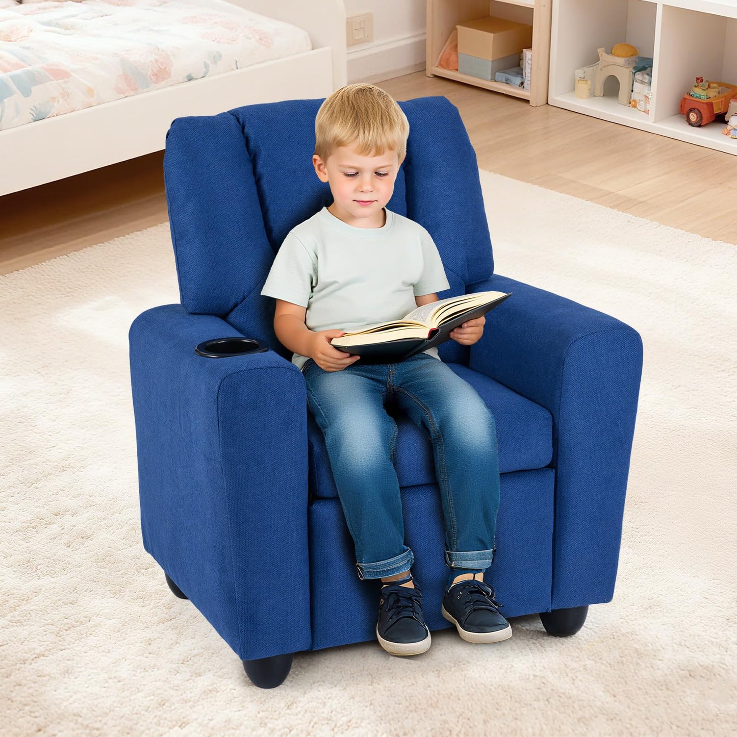 CHEFJOY Kids Recliner, Toddler Lounge Chair w/Cup Holder, Wide Armrest, Kids Sofa w/Adjustable Footrest, Comfy Toddler Recliner Chair for for Boys & Girls 3 + (Fabric, Blue)