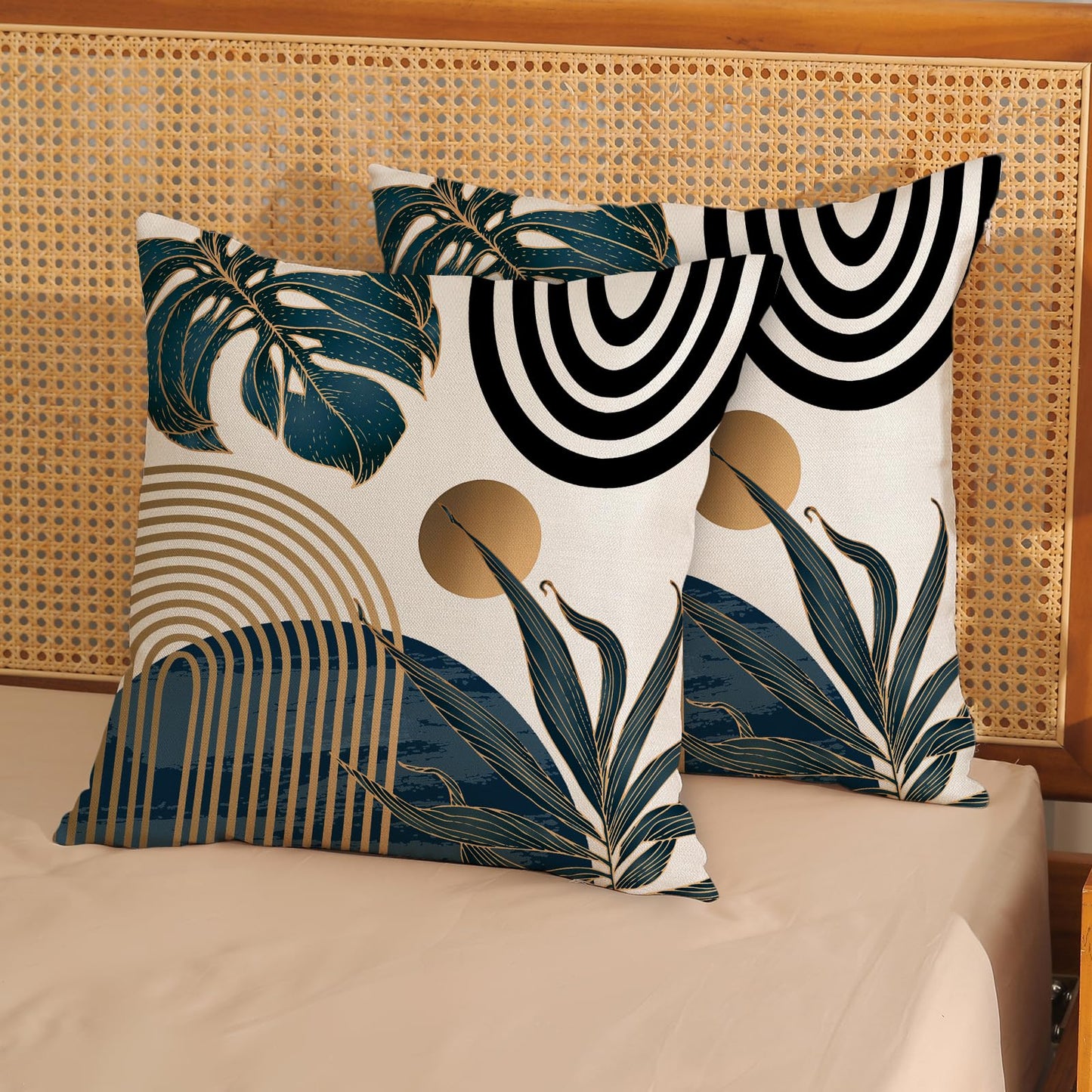 Boho Pillow Covers 18x18 Set of Mid Century Navy Blue Black Gold Tropical Leaf Throw Pillow Covers Outdoor Decor,Abstract Modern Bohemian Farmhouse Square Decorative Cushion Cover for Home Sofa